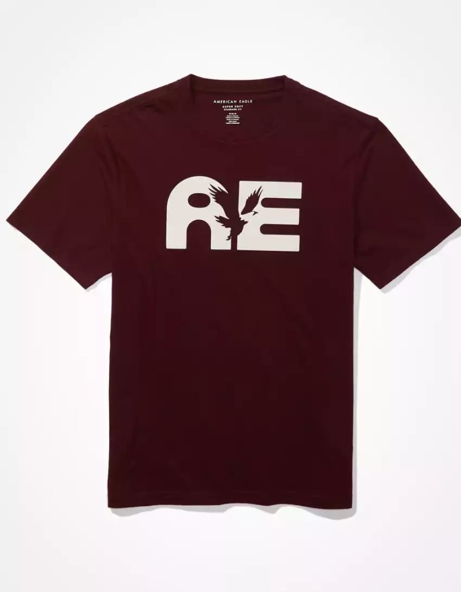 T Shirt Graphique American Eagle AE Super Soft Logo Bordeaux Homme | VHU-72403459